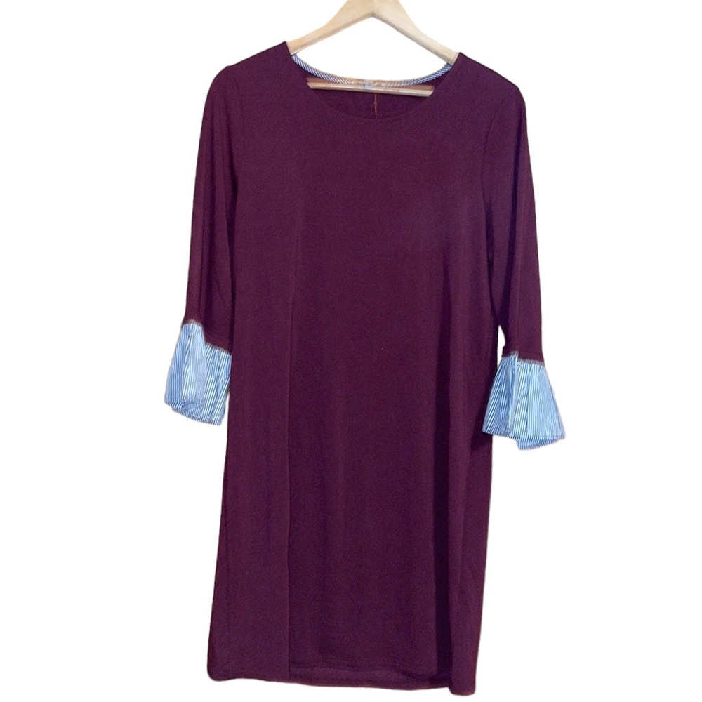 •PLEIONE•BURGUNDY SCOOPNECK PIN STRIPE RUFFLE SLEEVE SHIFT DRESS SIZE LARGE EUC